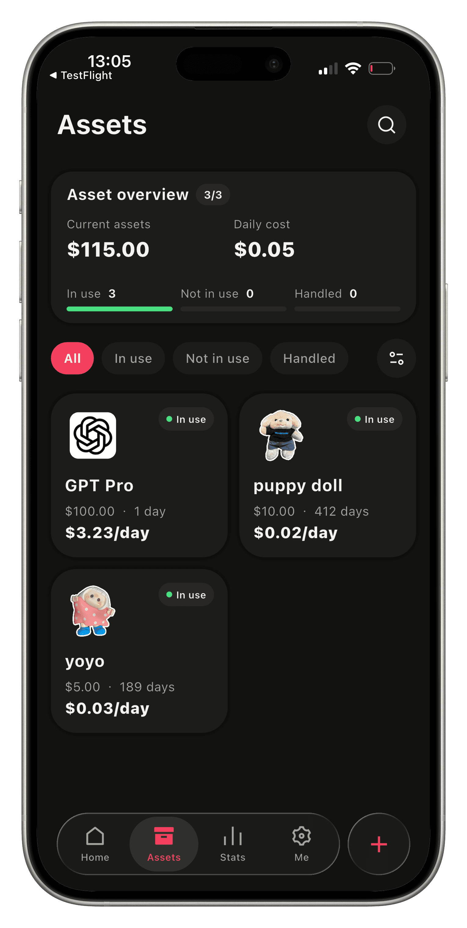 Asset tracking screen in BlackCat Ledger