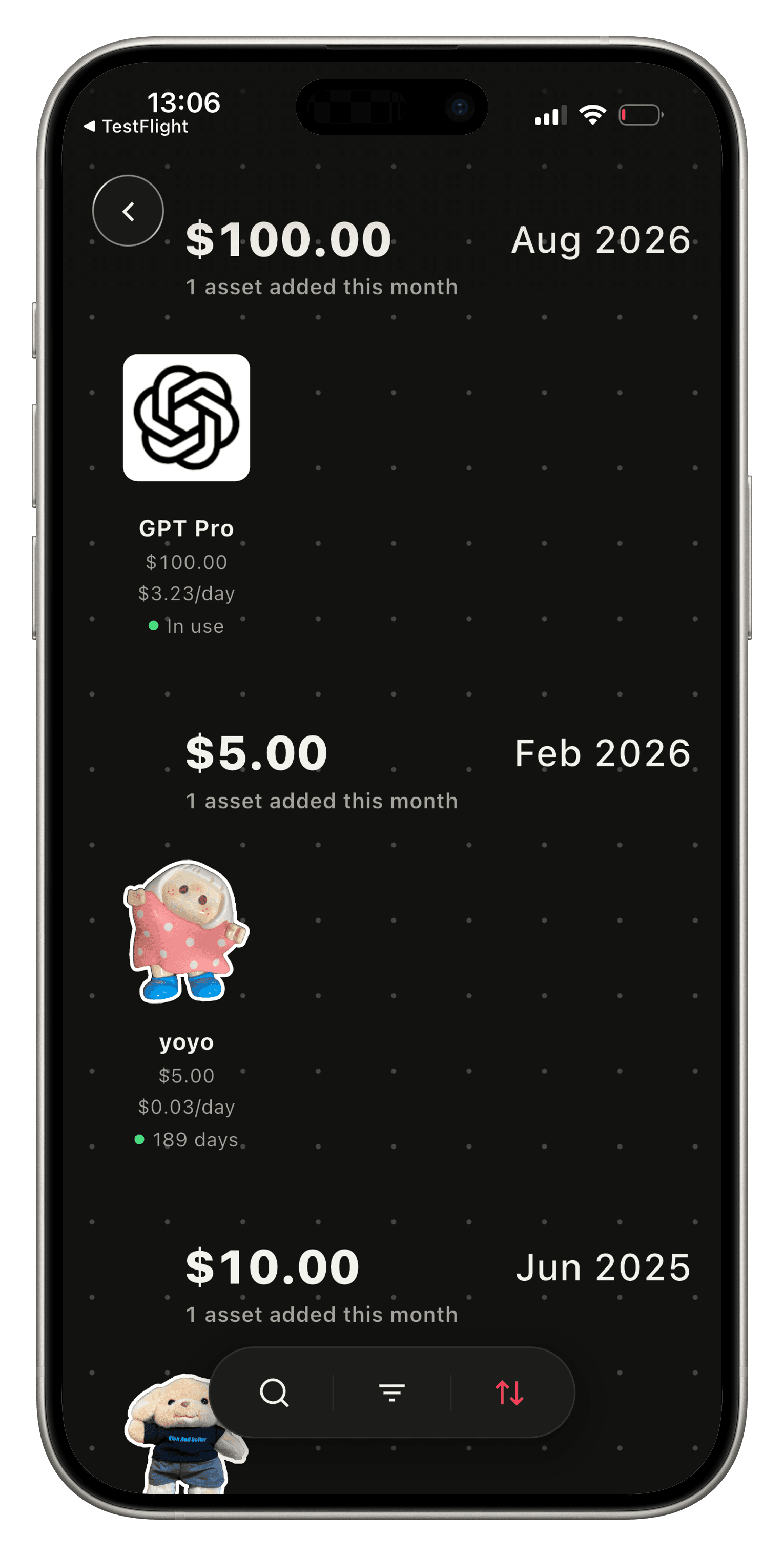Asset timeline screen in BlackCat Ledger